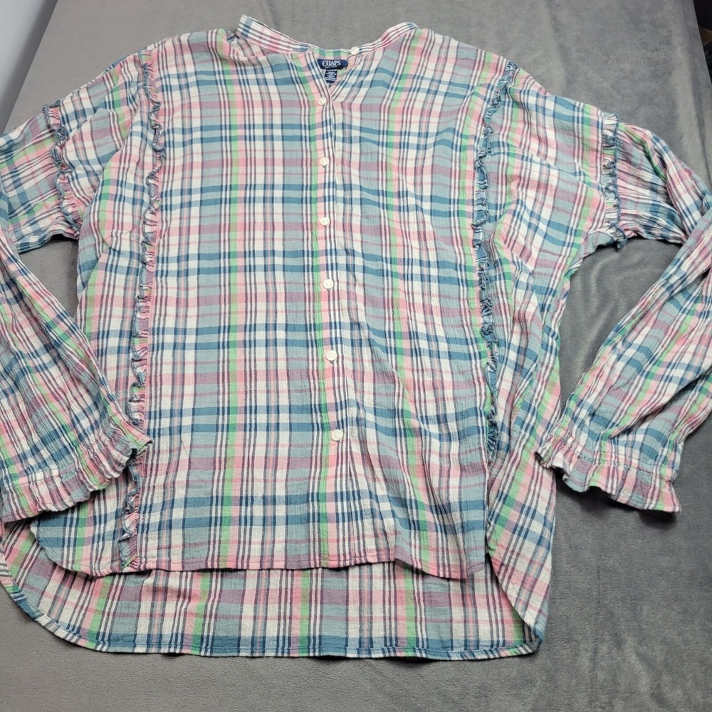 Womens XXL Chaps Plaid Cotton Button-Up Shirt With Ruffled Trim Long Sleeves & P